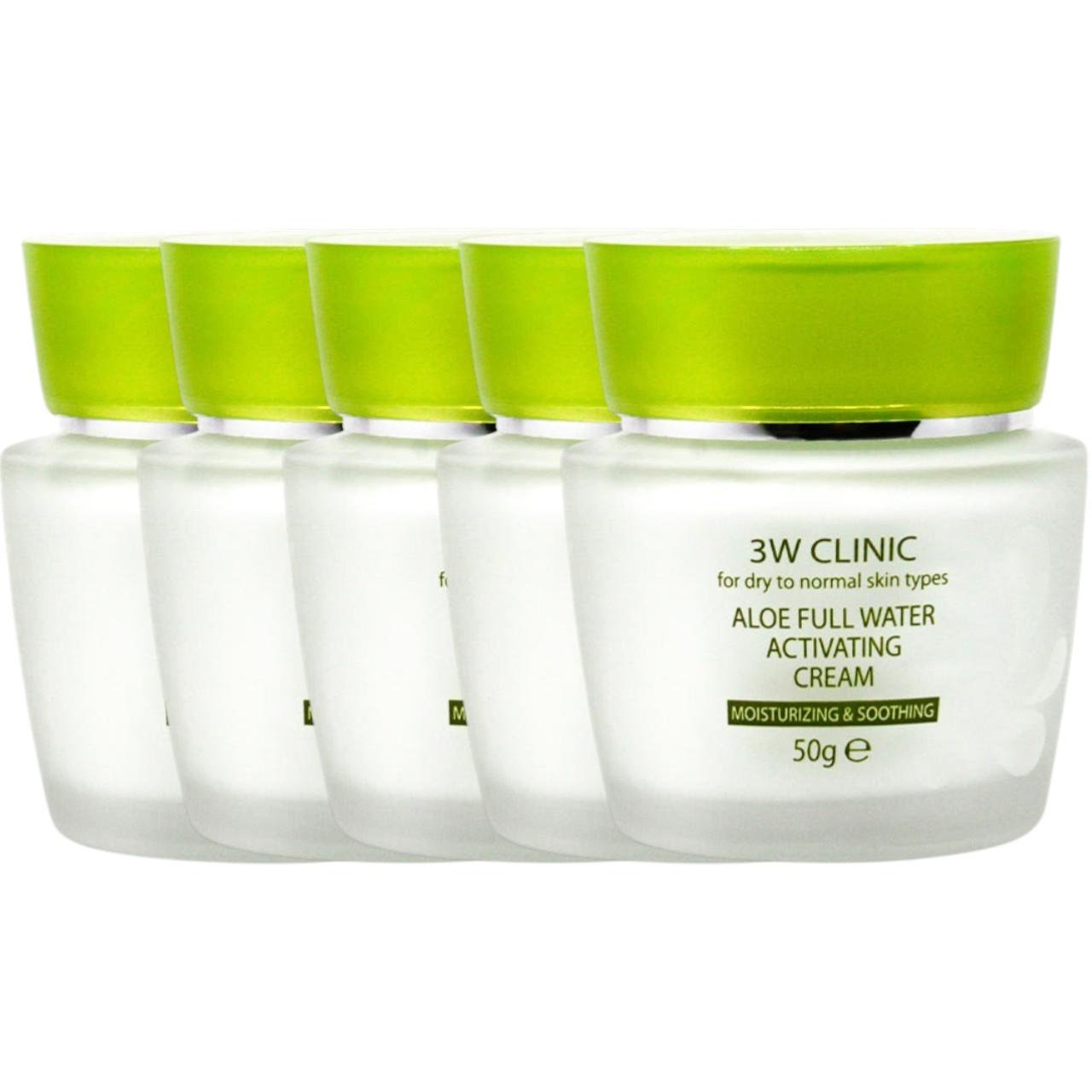 3W Clinic Aloe Full Water Activating Cream - Hydrating & Soothing Facial Moisturizer with Aloe Vera and Collagen, 50g (Pack of 5)