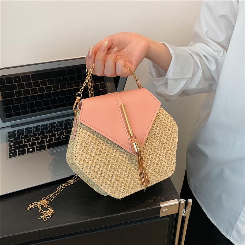 Korean Style Trendy Woven Hexagonal Women's Straw Crossbody Bag with Tassel Chain