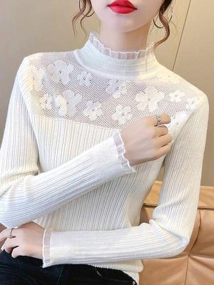 Women's Lace Top: Spring & Fall 2024 Long-Sleeve Knitted Sweater Pullover