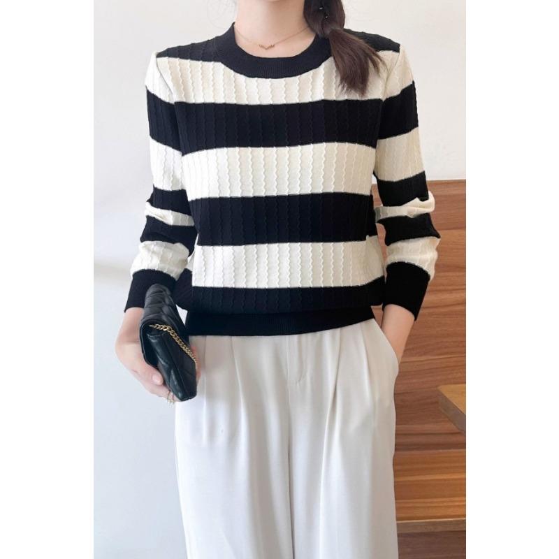 Contrast Color Striped Bottoming Shirt Women Autumn Winter Round Neck Knitted Sweater Pullover Long-sleeved Top