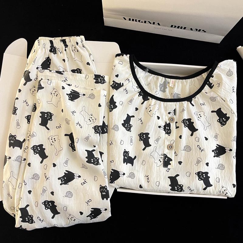 Women's Cloud Cotton Cartoon Pajama Set – Long Sleeve, Crew Neck, Plus Size, Outdoor Wear