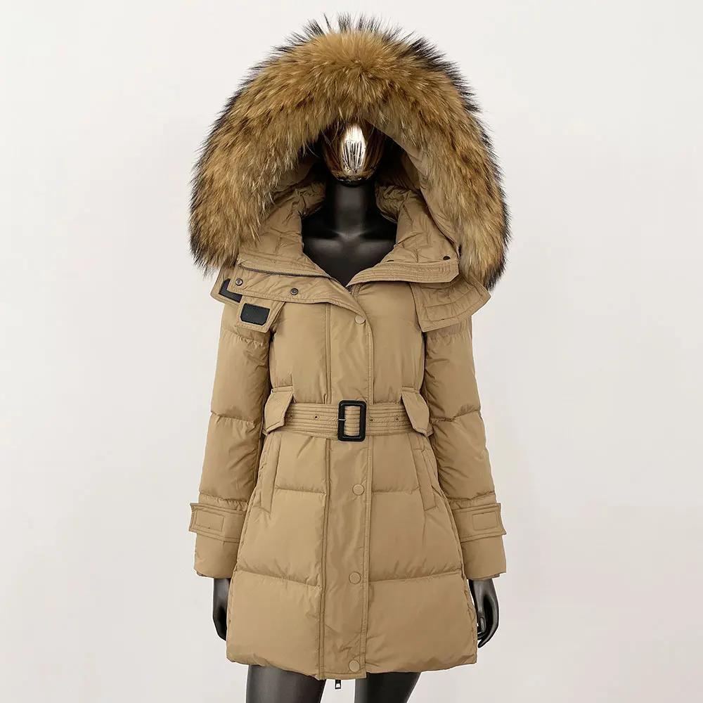 

OFTBUY 2024 Зимняя корейская версия Теплая длинная куртка-пуховик со съемным воротником из лисьего меха Женская мода на шнуровке 90% белый утиный пух XL верблюд