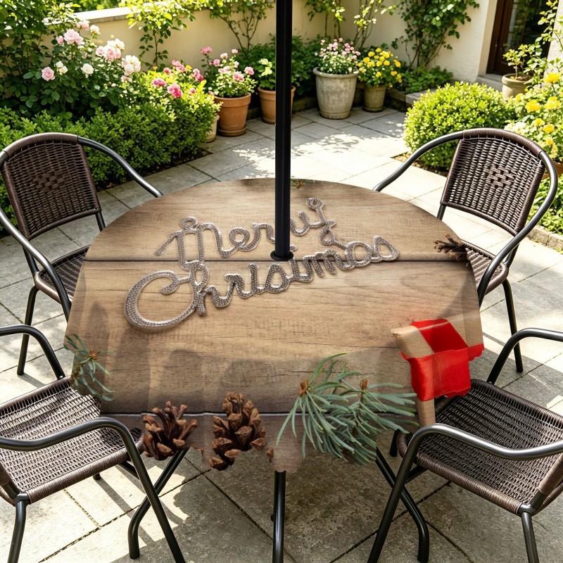 Outdoor Christmas Tablecloth Round Waterproof Oil-Resistant Patio Table Cover Garden Deck Umbrella Hole