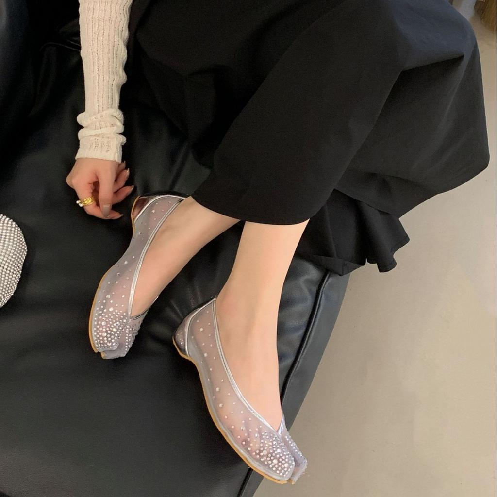 2025 Sommer neu~ Mesh Strass Ein-Pedal flachsohlige Zehentrenner Damenschuhe Schweinsfüße flachsohlige Damenschuhe