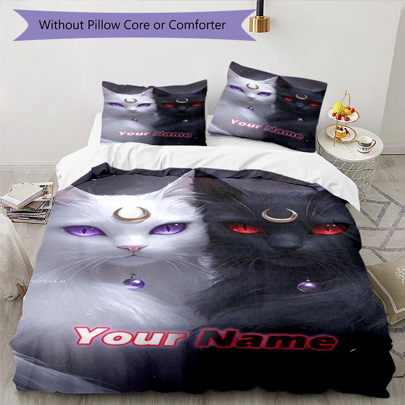 3pcs Custom Name "Cat Moon Magic" Bedding Set Printed Bedding Set Duvet Cover Closure Includes 1 Duvet Cover & 2 Pillowcases Bedroom Decor