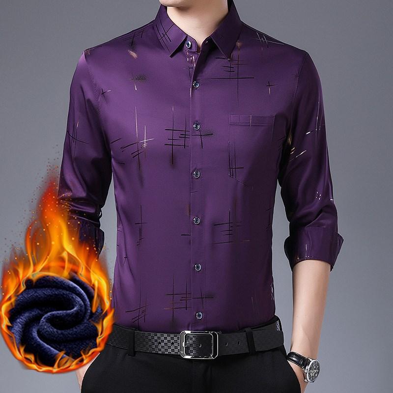 Camicia Invernale Calda Stampata da Uomo Camicia Casual da Uomo di Mezza Età in Velluto Ispessito Stile Invernale