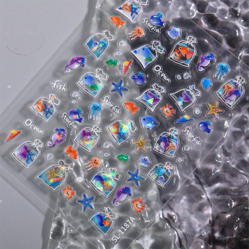 Shiny Goldfish Plastic Bag Seahorses Summer Jellyfish Starfish Shell Conch Koi Water Bubble Star Carp Nail Art Stickers Decals
