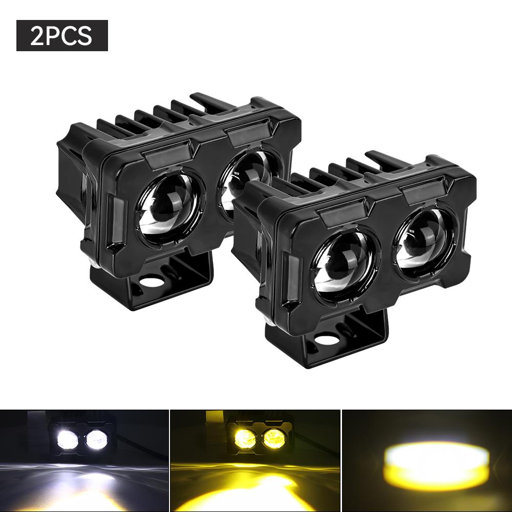 1/2pcs Motorcycle Auxiliary Spotlight Mini LED Driving Headlights Dual Color White Yellow Moto Fog Light Accessories