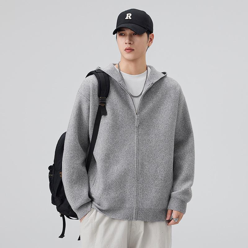 Modny Męski Kardigan Sweter z Kapturem na Zamek w Stylu Amerykańskim, Wszechstronny Dzianinowy z Obniżonymi Ramionami, Edycja 2025