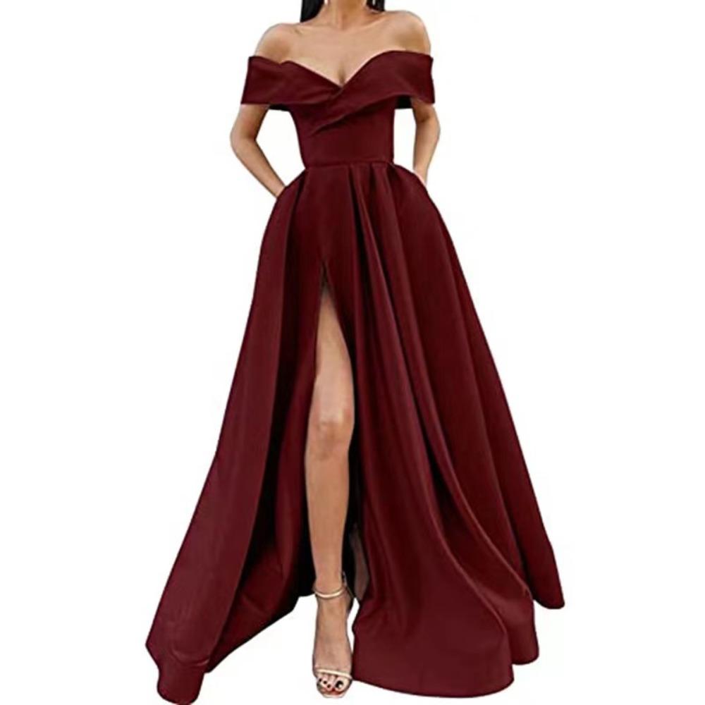 Abito Maxi Donna Scollato A Spalla Senza Maniche Linea Ad A Vita Alta Elegante Raso Spacco Abito da Sera