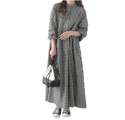 Cotton Blend Shirt Long Long Check Maxi Loose Gathered Shirt Black [kisetsumate] Women's Dress, Dress, Striped, Sleeves, Pattern, Length, Elegant,