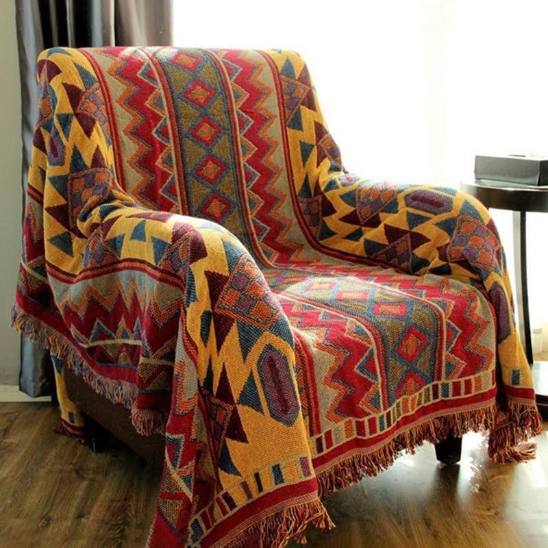 Retro Rutig Vinter Bomull Linne Vävda Linjer Filt Soffhandduk Stickad Förtjockad Värmedyna Mat Bohemisk Boho Pläd Rese Sängöverkast
