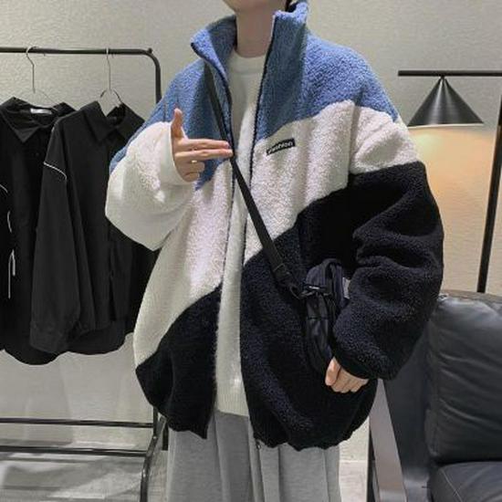 Men's Autumn/Winter Lambswool Color-Block Jacket - Trendy, Versatile, Loose Fit with Stand Collar