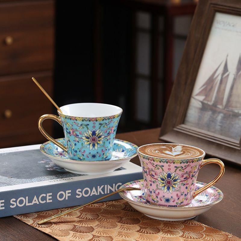 European Enamel Ceramic Coffee Cup & Saucer Set, Elegant Afternoon Tea Cup Set