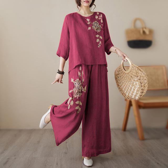 Completo Due Pezzi Estivo Floreale Ricamato in Cotone e Lino Taglie Forti da Donna - Maglia a Pullover e Pantaloni Leggeri