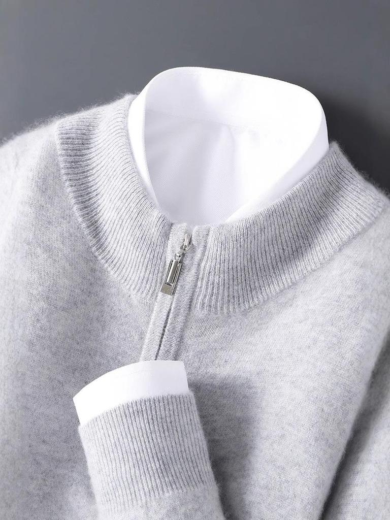 Men's 12-Gauge Zipper Sweater with Half-High Collar - Versatile Knitwear for Autumn/Winter Commute