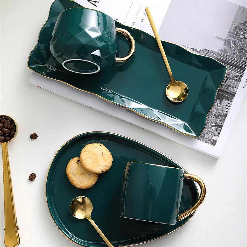 Set de ceașcă ceramică, set de farfurii, ceașcă de cafea verde Nordic, tavă dreptunghiulară, lingură mică, cutie cadou, casă, bar, decorare, ceașcă de ceai