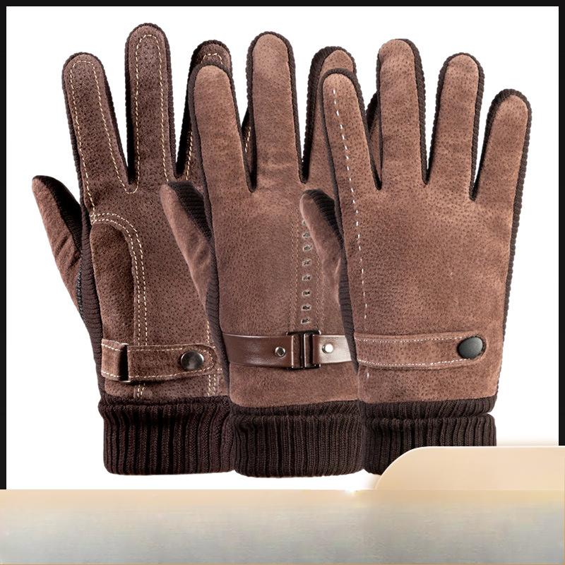 Warm Gloves for Men and Women Pigskin Ribbed Plus Velvet Full Finger Gloves Outdoor Riding Cold Touch Screen Autumn and Winter Gloves