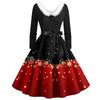 Christmas Print Flare Dress For Women Long Sleeve Dress Hollow Party Casual Dresses