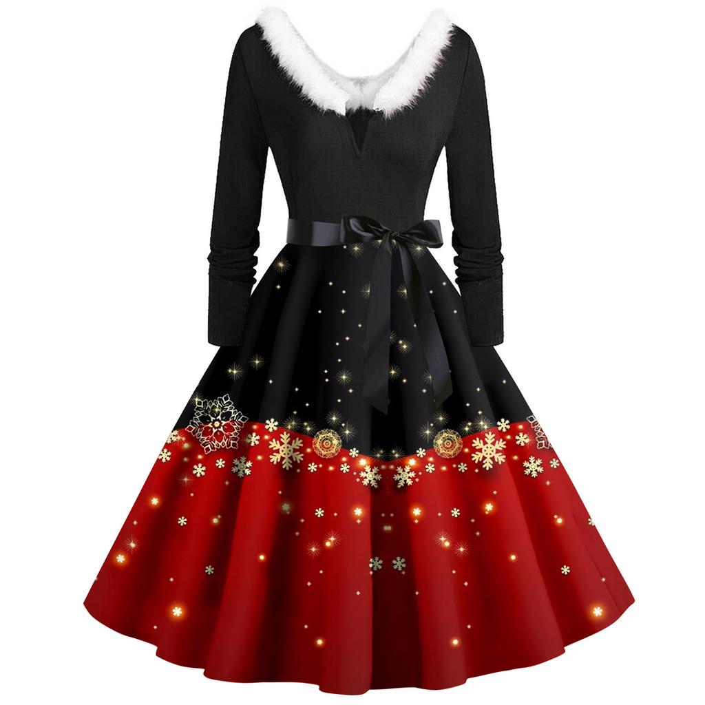 Christmas Print Flare Dress For Women Long Sleeve Dress Hollow Party Casual Dresses