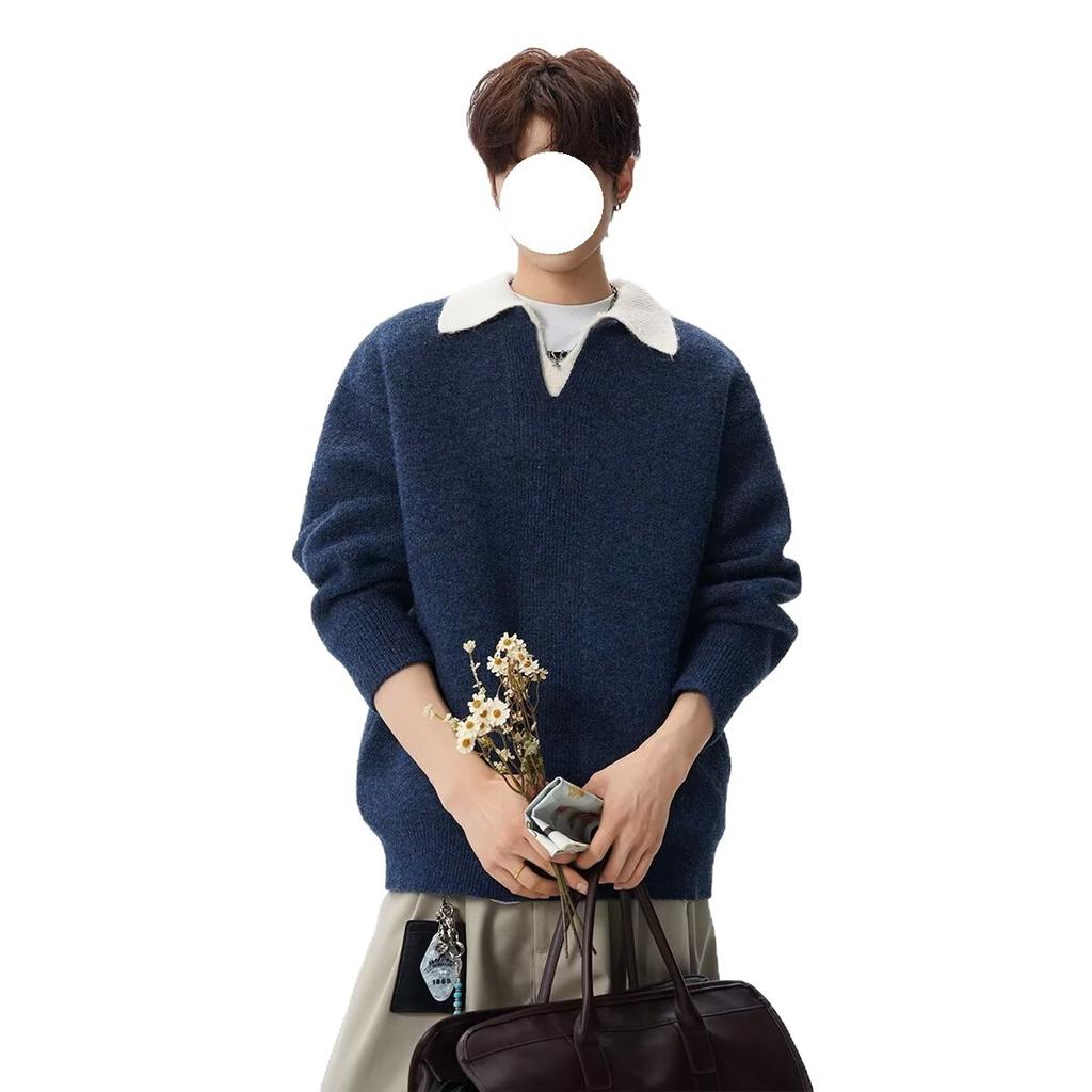 Light luxury ruffian handsome lazy style men's lapel fake two-piece heavy sweater casual fashion retro versatile knitted polo