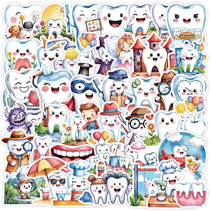 50 Sheets Protect Teeth Cartoon Stickers For Kids Students Graffiti Laptop Stationery Luggage Cute Sticker Dental Clinic Gifts