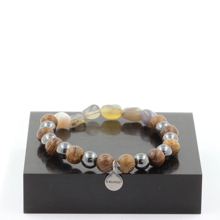 Bracelet Agate du Bostwana + Perles Hématite + bois 8 mm