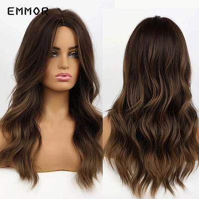 Long Light Cool Brown Highlight Dark Blonde Wavy Synthetic Hair Wigs High Temperature Layered Cosplay Ombre Wig for Women