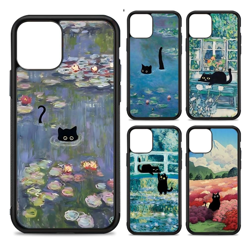 Cartoon Animal Black Cat Oil Painting Phone Case Silicone PC+TPU For For IPhone 11 12 13 14 15 16 Plus Pro Max Cover