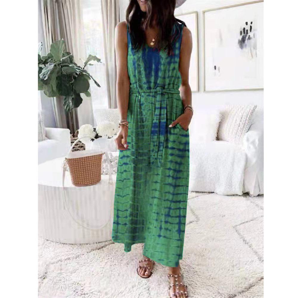 

Пляжное женское повседневное платье-макси с V-образным вырезом и принтом тай-дай без рукавов XL светло-зеленый