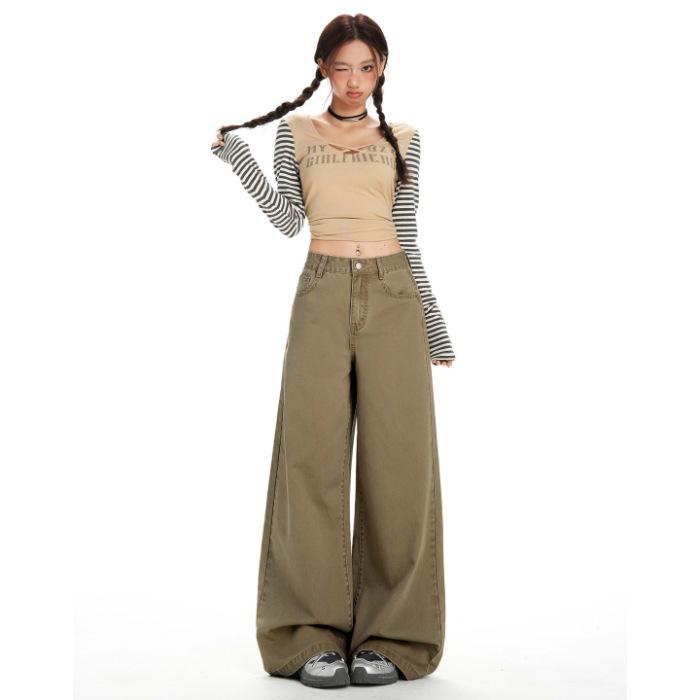 Khaki American High-waisted Women's Jeans Spring New Solid-color Commuter Versatile Wide-leg Pants