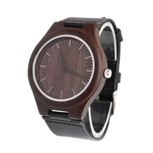 Lightweight wooden watch made of bamboo with analog hands, a Japanese-made movement, a simple dial with a mineral crystal mirror finish, and an adjust