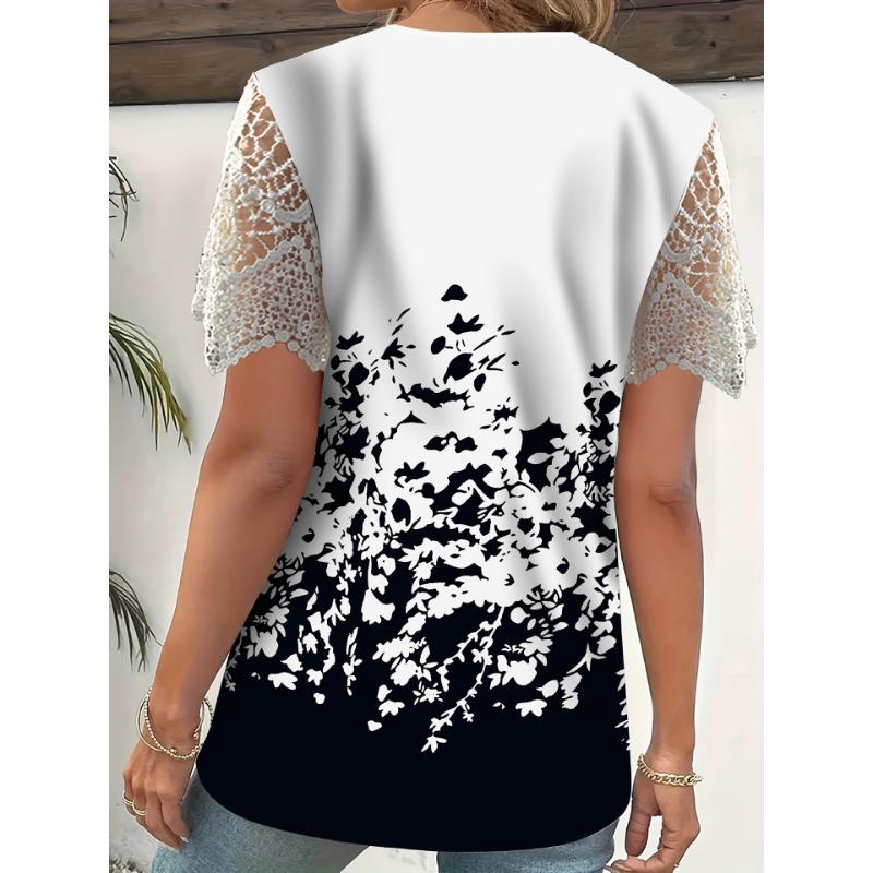Women's Fashion Casual Summer Spring Flower Pattern Print Short Sleeve V-Neck Blouses & Shirts