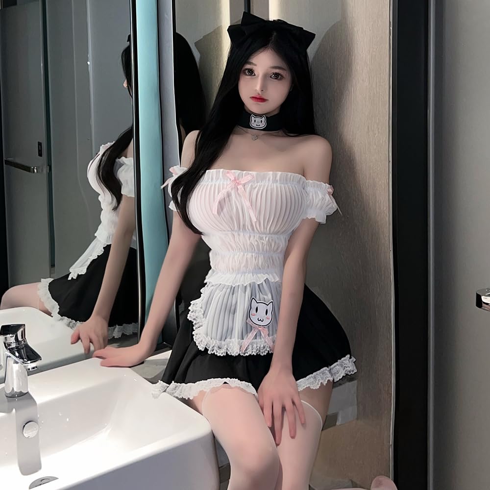 Cosplay Sexy Maid Clothes White Extreme Mini Skirt Sleeveless Lace Ruffles Bow Tie Sexy Babydoll Halloween Costume Cute Ladies Photo Session Event 7