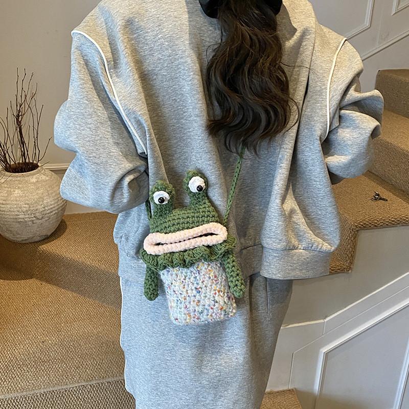Childrens Green Cotton Knit Frog Mini Crossbody Bag With Soft Structure For Daily Activities