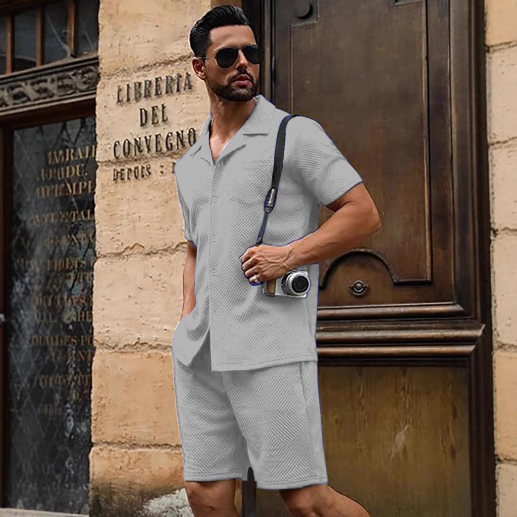Summer Pocket casual texture beach short-sleeved button-down knitted sweater and shorts set