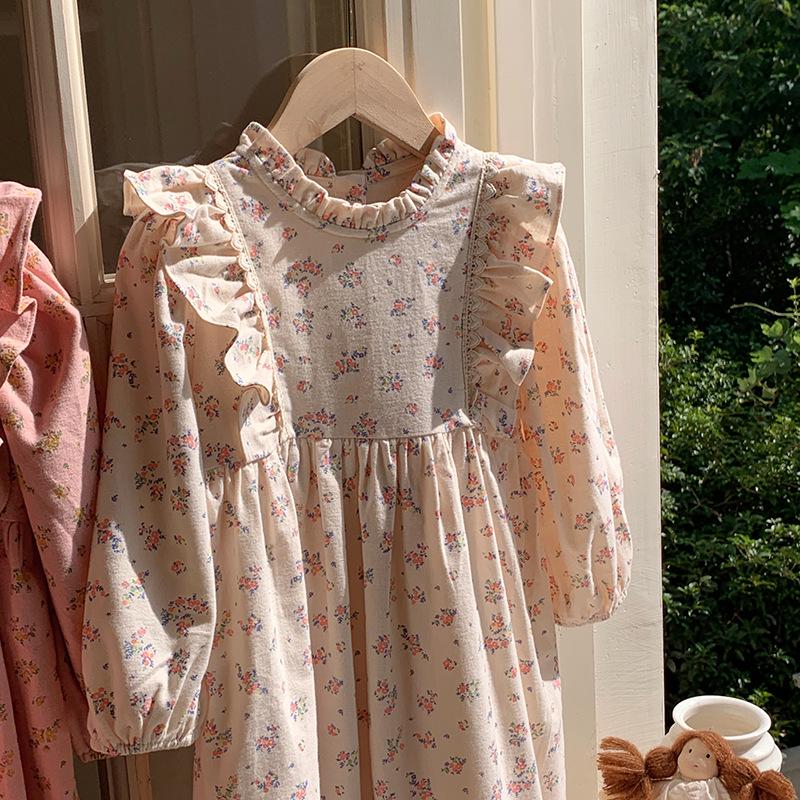 Spring 2026 Korean Style Children's Floral Dress with Stand Collar and Ruffle Lace - Long Sleeve Princess Skirt