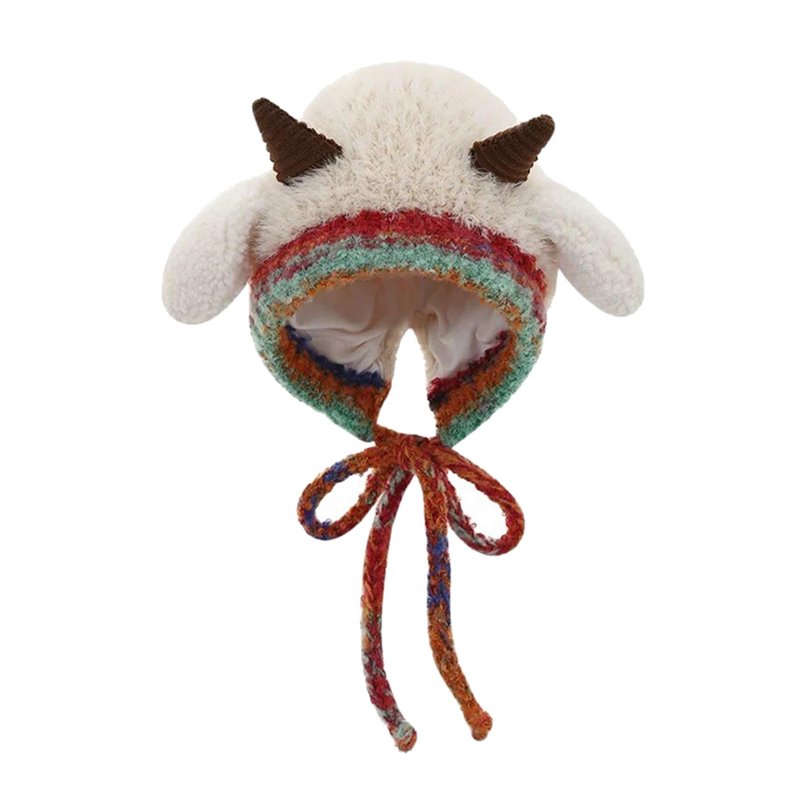

Girls Winter Warm Ear Protection Beanies Hat Women Comfortable Horn Pullover Hats with Ear Protection Thick Plush Knitted Hat One Size бежевый