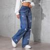 Women's High Rise Wide Leg Pants Loose Straight Leg Jeans Rhinestone Bow Print Non Stretch Denim Trousers Vintage American Streetwear Long Jeans