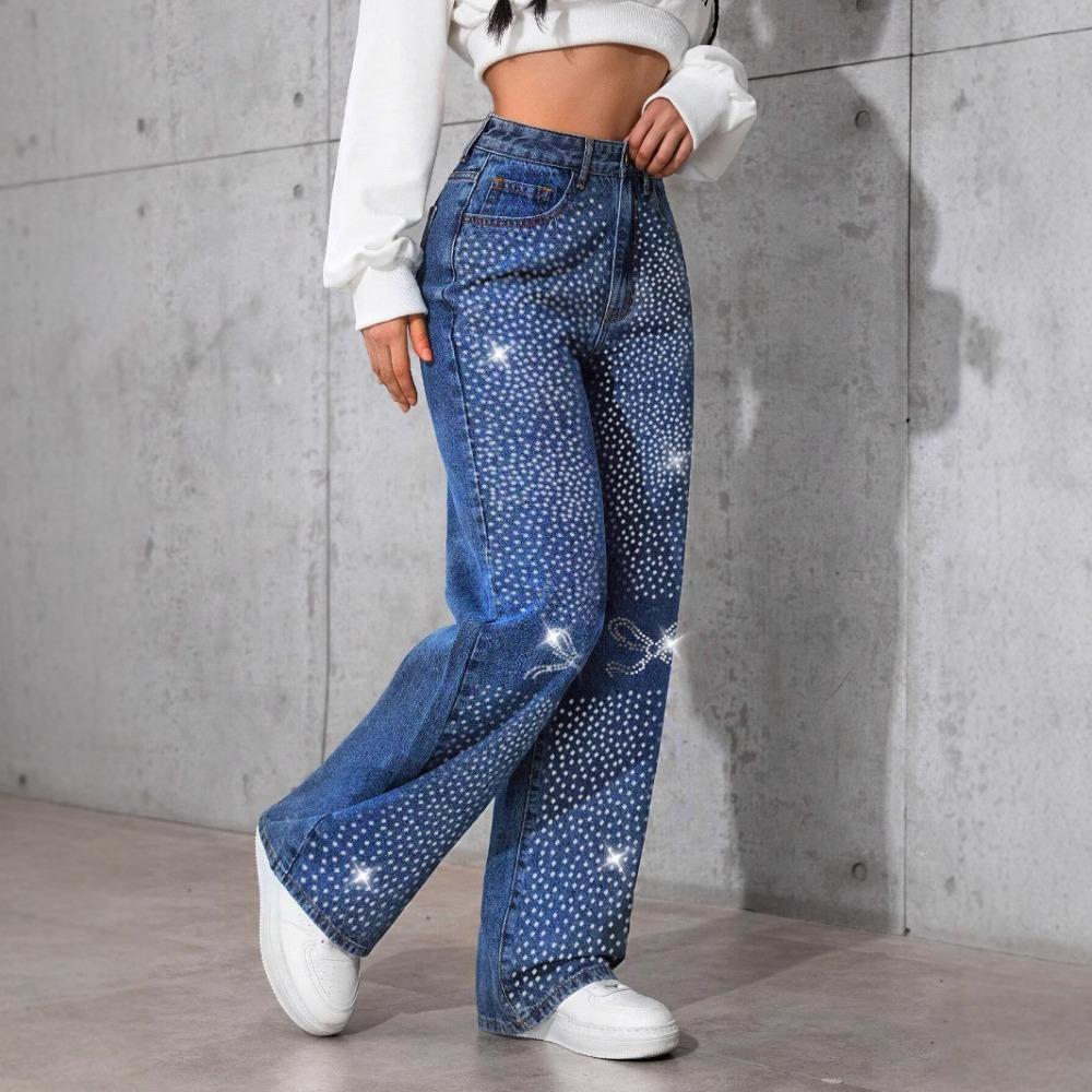 Women's High Rise Wide Leg Pants Loose Straight Leg Jeans Rhinestone Bow Print Non Stretch Denim Trousers Vintage American Streetwear Long Jeans