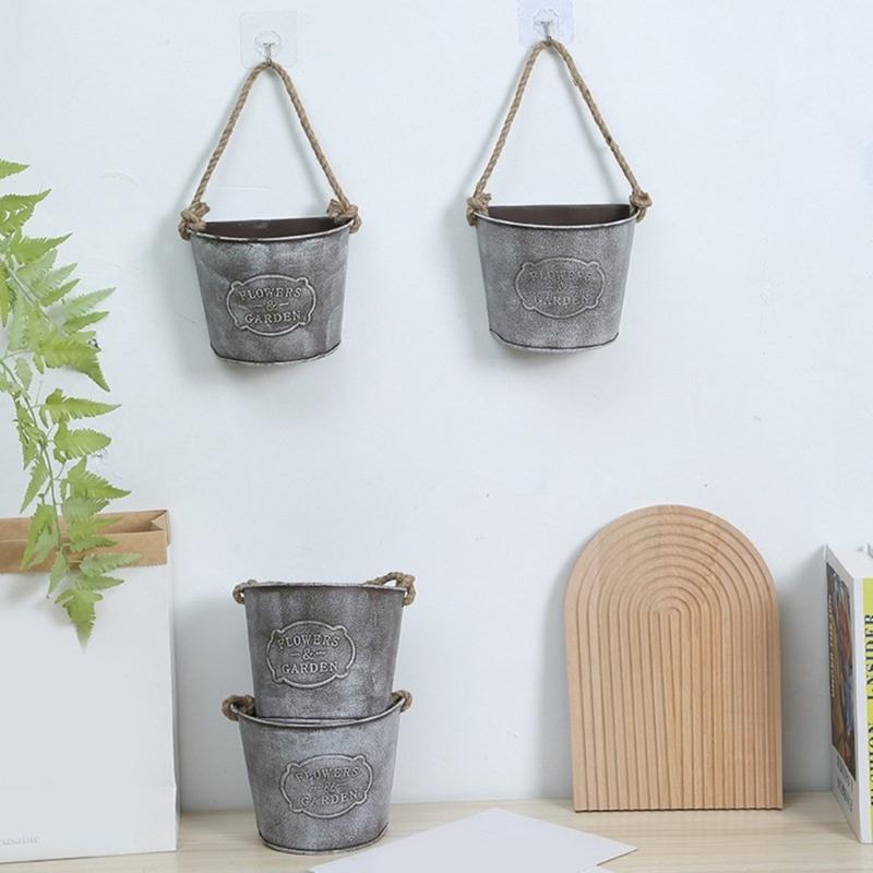 Retro Tin Wall Mounted Flower Pot Container For Indoor Outdoor Decoration With Rust Resistant Coating And Sturdy Hook