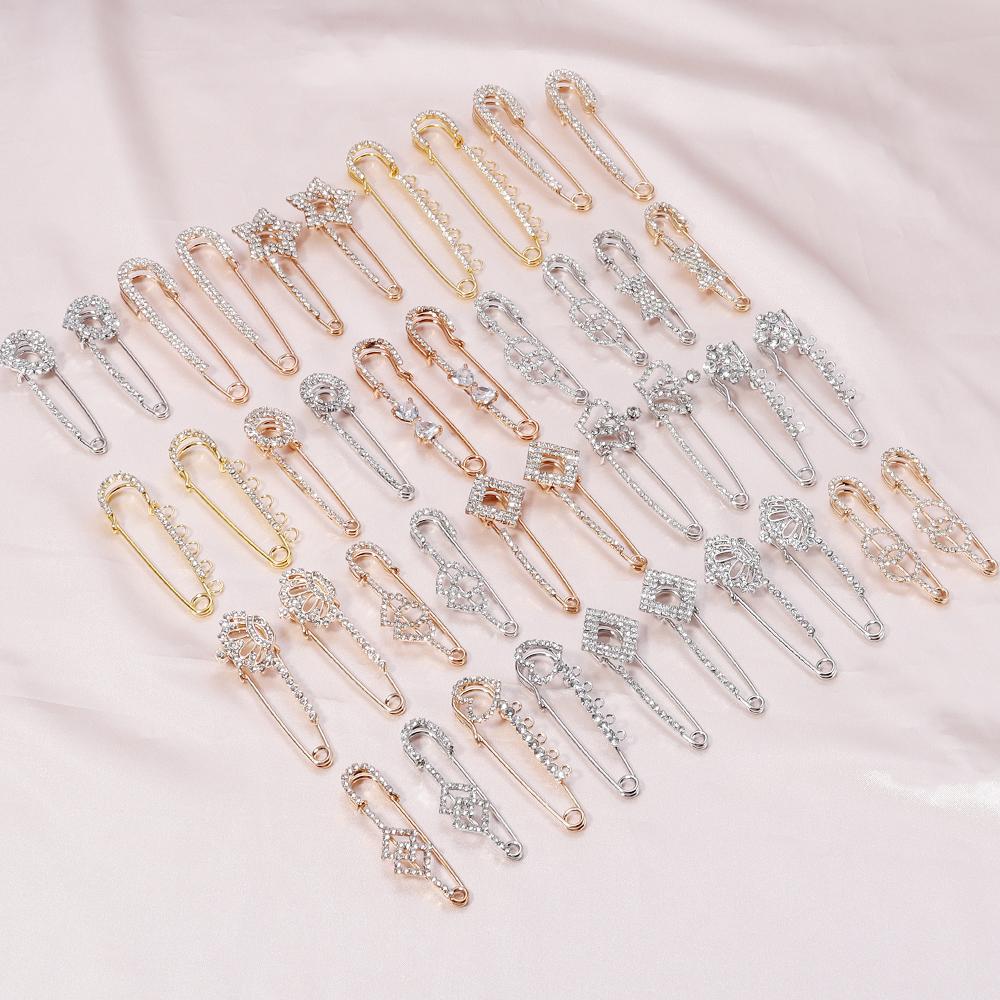 2pcs/Lot Alloy Rhinestone Brooch Pins Gold Silver Color Safety Fixed Brooches for Garment Decoration Jewelry Making