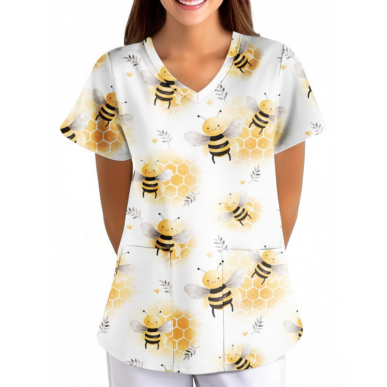 

Женская униформа с цветочным принтом пчелы, свободная, с V-образным вырезом, карманом и коротким рукавом L бежевый