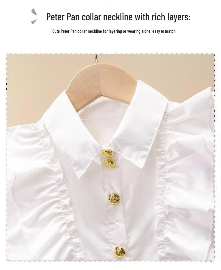 Autumn White Girls' Peter Pan Collar Long Sleeve Shirt - Fashionable Top for Big Kids and Students