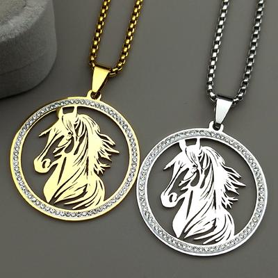 Hollow Horse Head Rhinestones Pendant Necklace for Women Men Stainless Steel Gold Color Animal Chain Necklaces Gift Jewelry