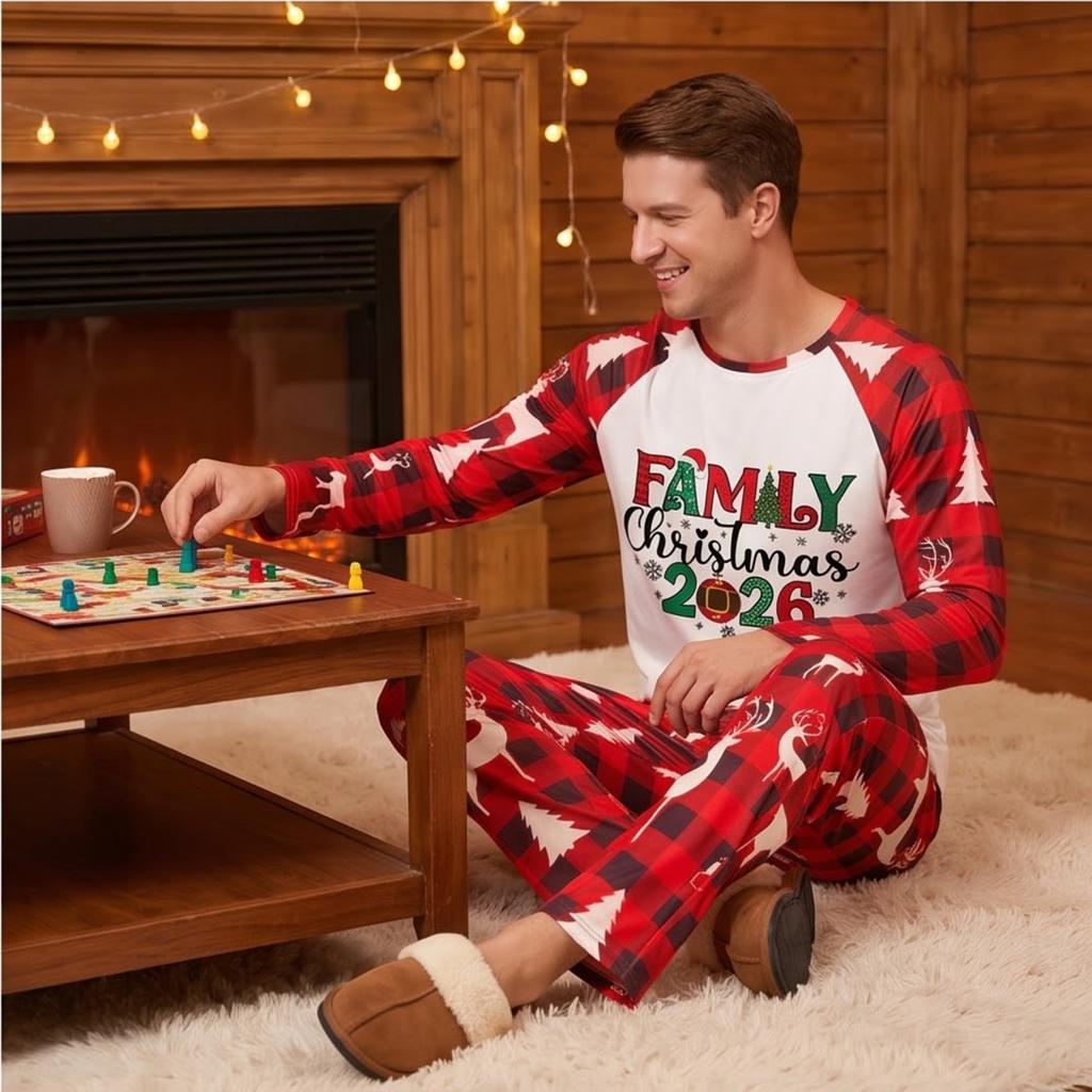 Family Matching Loungewear Set with Christmas Print, Round Neck, Long Sleeve and Pants
