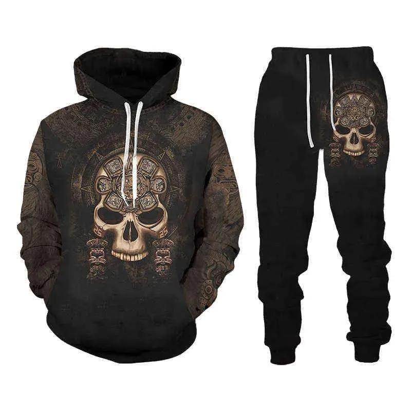 Skull 3D Printed Hoodies Trousers Set Spring Autumn Men Tracksuits Casual Sweashirt Pullover 2 Piece Suit Vintage Men Outfits