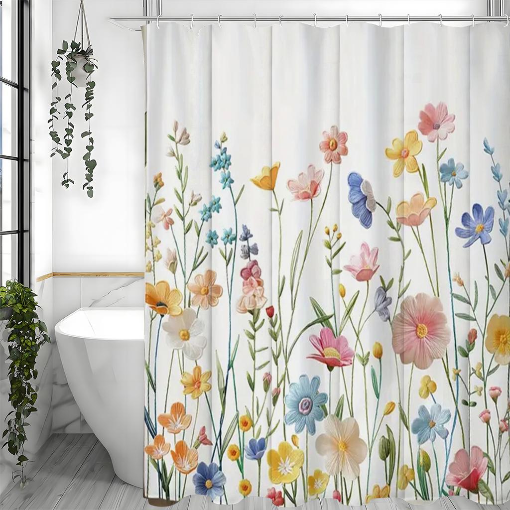 Floral and Watercolor Design Shower Curtain Set with Hooks, Home Decor, Bathroom, Bathtubs, Easy Care,
