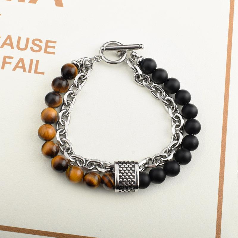 Men's Double-Layer Tiger Eye & Stainless Steel Beaded Bracelet