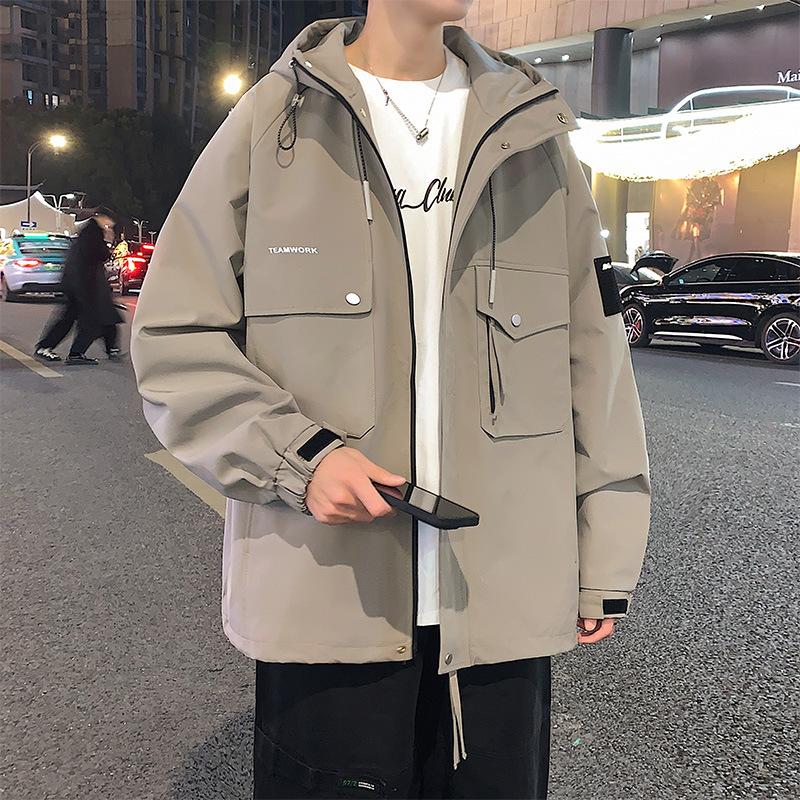 Men's Jacket Korean Style Multi-Pockets Hooded Windbreaker Unisex Oversized Coat Streetwear Black Windproof Casual Jackets